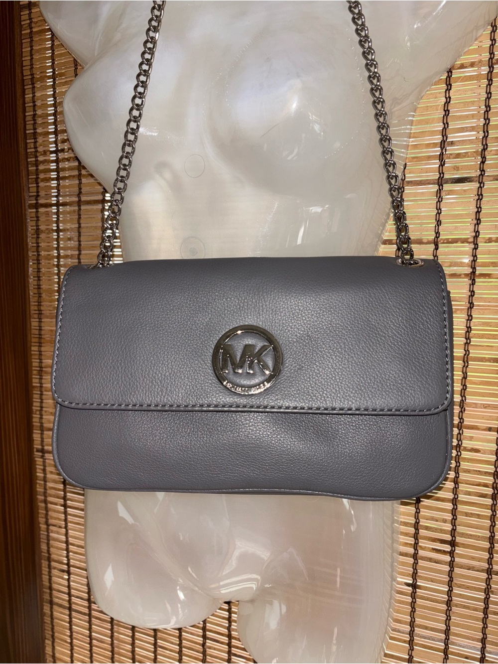 NEW! Michael Kors Gray Leather Chain Double Chain strap shoulder Bag
